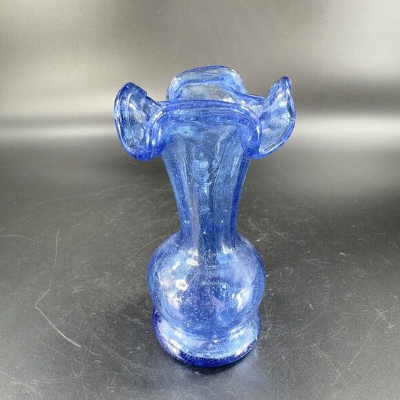 Vintage Hand Blown Cobalt Blue Bud Vase Ruffled Edges Hand Made Glass Decor VTG - Picture 11 of 14